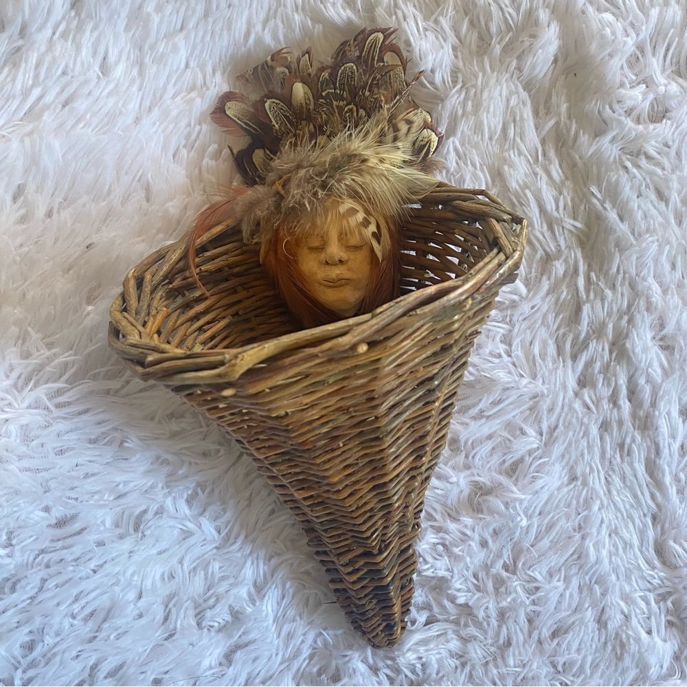 Wicker Cornucopia Basket with Clay and Feather Face Southwestern